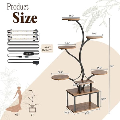 PRAISUN 51 Inch Plant Stand with Grow Lights, 8 Tiered Indoor Plant Shelf - color: Rustic Brown