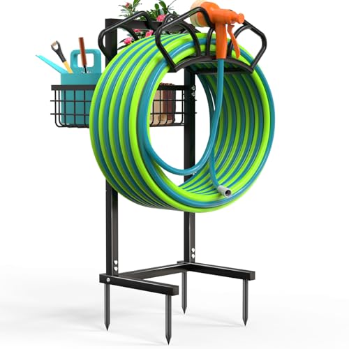 Qatsrin Garden Hose Holder with Large Basket, Heavy Duty Hose Reel, Black - color: Black