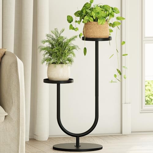 Bamworld Outdoor Plant Stand Metal Plant Stand Indoor Corner Plant Stands 2 Tier Plant Shelf for Tall Plant Holder Black Plant Shelves for Living Room Bedroom Midcentury Modern Home Decor
