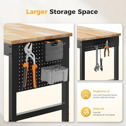 CAMMOO 60" Adjustable Workbench, 2000LBS Max Load, Pegboard & Power Strip - size: 60*22 Inch