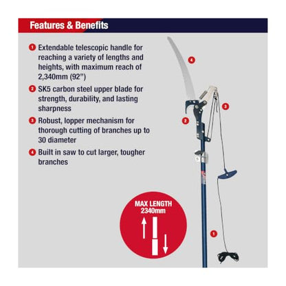 Spear & Jackson 4930FZ Razorsharp Telescopic Tree Pruner, Extendable Pole Handle for Removing High Branches, Sharp Saw Blade for Cutting Thick Limbs and Powerful Pull Cord Lopper for Light Trimming - style: Telescopic Tree Pruner