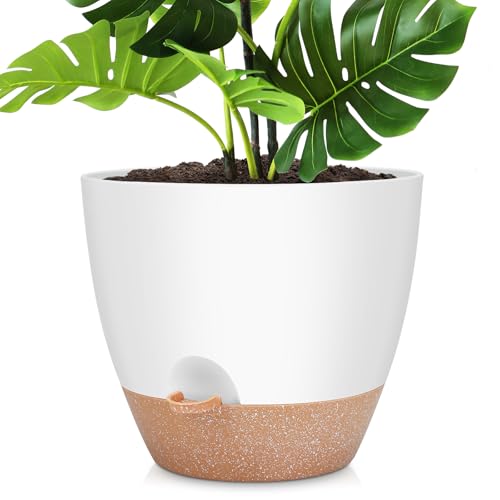 YNNICO 12 Inch Large Self Watering Plant Pot Set, Flower Pots with Multi-Mesh Drainage Holes and Saucer, Suitable for Indoor and Outdoor Garden Plants, White. - color: White, size: 12 Inch