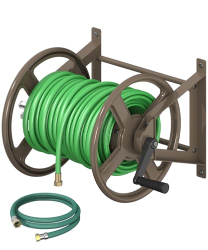 Garden Hose Reel Wall Mounted, Heavy-Duty Water Hose Holder Winder with 3.9 ft Leader Hose & Brass Fitting, Hose Hanger Storage Rack Holds 125-Feet of, 5/8-Inch, for Yard Lawn Farm, Brown - color: Brown