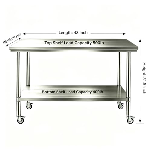 24x48 Stainless Steel 2-Tier Prep Table, 900LB Cart, Casters, Garage - color: Casters