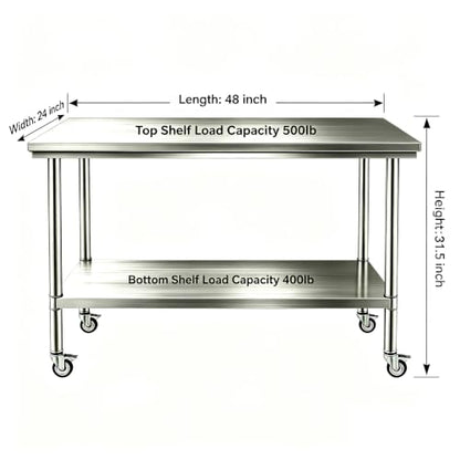 24x48 Stainless Steel 2-Tier Prep Table, 900LB Cart, Casters, Garage - color: Casters