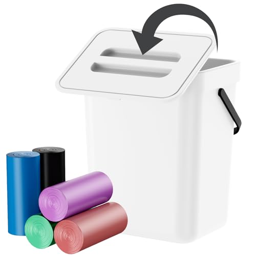Compost Bin Kitchen, Includes 100 Trash Bags, Hanging Trash Can with Lid, Features Pet-Proof, Odor-Proof, and Quiet Opening/Closing. Suitable for Bathrooms/Bedrooms/Offices (White, 1.3Gal/5L) - color: White