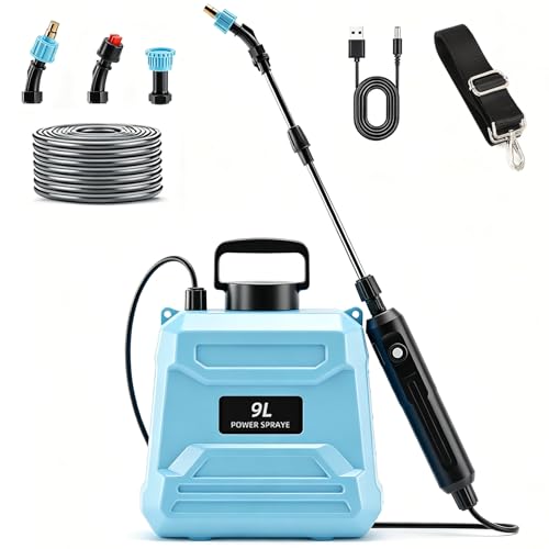 2.4 Gallon Battery Powered Sprayer, 9L Electric Pump Sprayer for Large Lawn & Yard, 2-Speed & 5 Spray Modes with 3 Nozzles, Telescopic Wand, Battery Indicator, Shoulder Strap - color: Blue/2.4 Gallon