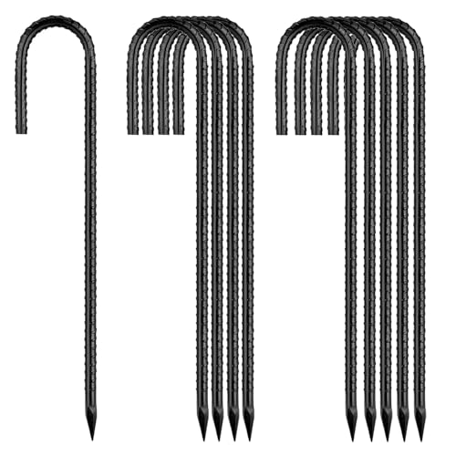 12 Inch Rebar Stakes, J Hook Ground Stakes 10 Pack Black Ground Anchors for Tent Heavy Duty for Plants Anti-Rust Landscape Fabric Artificial Turf - color: J-HOOK-Black-6mm, size: 10pcs