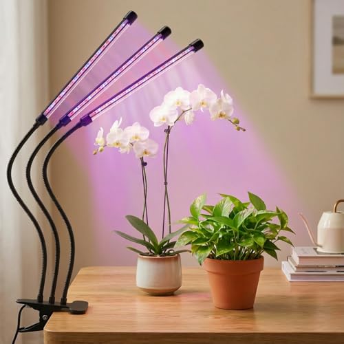 LED Grow Light Clip on Table 3 Light Tubes Growing Lamp with Red, Blue LEDs for Indoor Plants, Selectable Spectrum, 10 Brightness Level Dimmable Auto Timer 3/9/12 Hrs, USB Plug