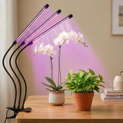 LED Grow Light Clip on Table 3 Light Tubes Growing Lamp with Red, Blue LEDs for Indoor Plants, Selectable Spectrum, 10 Brightness Level Dimmable Auto Timer 3/9/12 Hrs, USB Plug
