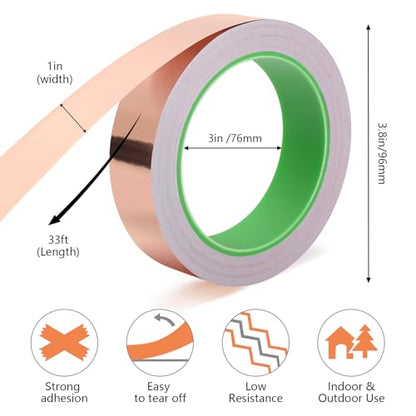 2 Rolls Copper Foil Tape 1IN × 65Ft Copper Tape for Shielding Grounding