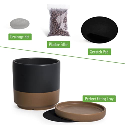 D'vine Dev 2-Pack Ceramic Pots with Saucers, 8/10 in, Black/Tan, 94-G-L-7 - color: Black/Speckled Tan, size: Large