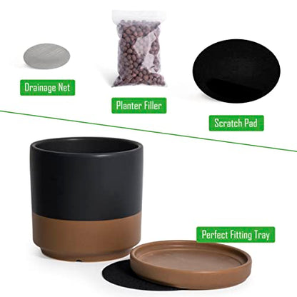 D'vine Dev 2-Pack Ceramic Pots with Saucers, Black/Tan, 8 in, 94-V-D-7 - color: Black/Speckled Tan, size: 8 Inch