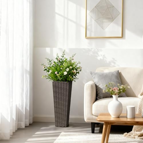 Greesum 23 Inch Tall Plastic Planters with Rattan Texture – Set of 2, Brown - color: Brown, size: 24" without Tray