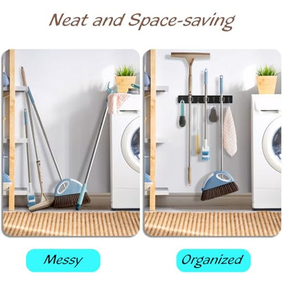 OUTNILI Black Mop Broom Holder Wall Mount with 3 Slots & 4 Hooks - Wood Broom Mop Hanger for Pantry Kitchen Organization - Garden Tool Organizer for Closet Laundry Room