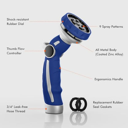 RESTMO Hose Nozzle Heavy Duty, Metal Water Hose Sprayer for Garden - color: Blue, size: 9 Watering Patterns