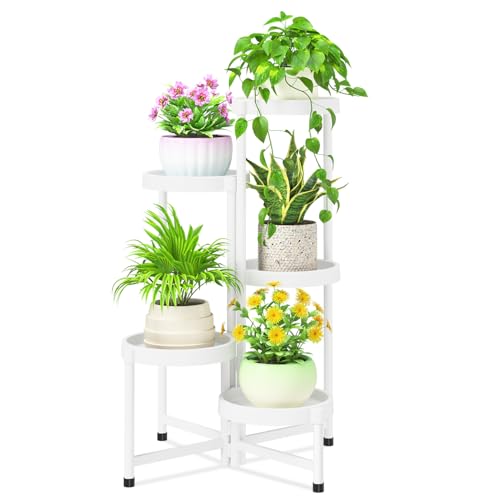 iDavosic.ly 5 Tier Folding Plant Stand Indoor Outdoor, Plastic Tray, White - color: White, size: 5 Tiers