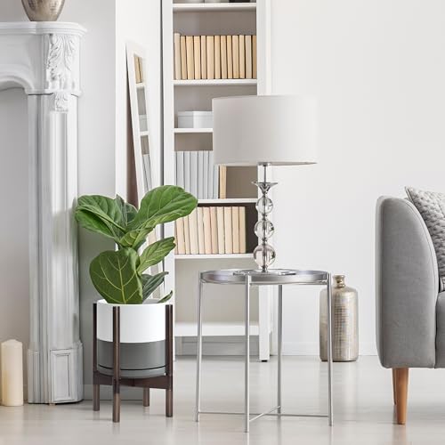 D'vine Dev Ceramic Pot with Walnut Wood Stand, White/Grey, 10 in, 55-B-X-6 - color: White/Grey Pot + Walnut Color Stand, size: 10 Inch