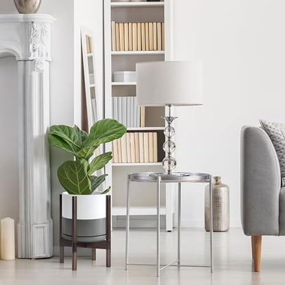 D'vine Dev Ceramic Pot with Walnut Wood Stand, White/Grey, 10 in, 55-B-X-6 - color: White/Grey Pot + Walnut Color Stand, size: 10 Inch