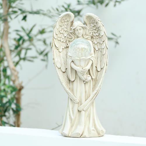 Garden Angels Outdoor Statue, Solar Angel with Crackled Glass Globe Outdoor - color: White