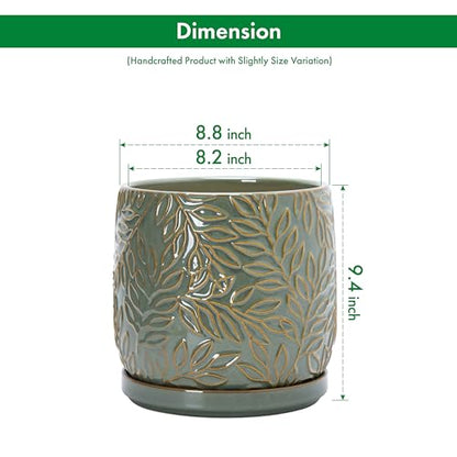 D'vine Dev Embossed Leaves Ceramic Planter, 8 in, Olive, 27-A-Q-0 - color: Olive, size: 8 Inch
