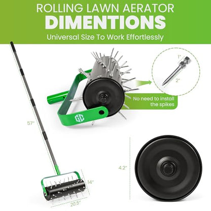 Manual Lawn Aerator Roller Tool 42 Steel Spikes, 57-in Rolling Lawn Aerator - style: Rolling Aerator