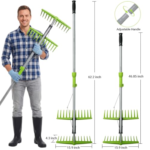 2 in 1 Leaf Rake Grabber, Lightweight Long Handle Adjustable Lawn Tool