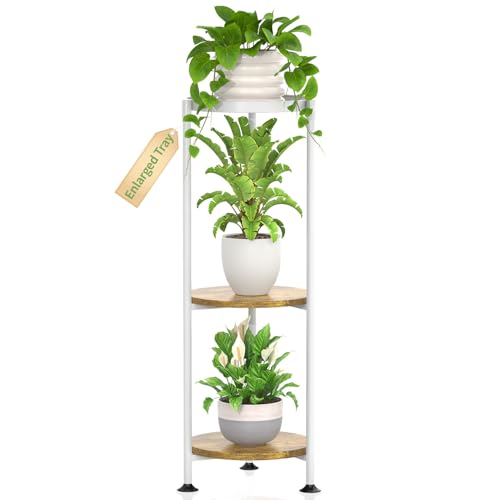 KMOTASUO Metal Plant Stand Tall for Indoor Outdoor Corner, 3 Tier White - color: White + Brown, size: 3 Tier