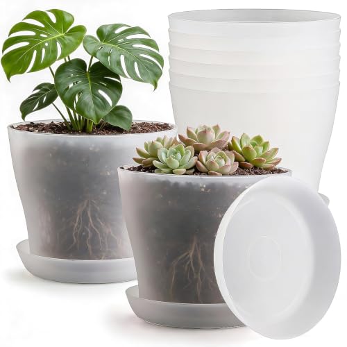 6 Pack 8 Inch Clear Nursery Plant Pots with Large Drainage Holes &Saucer - color: Translucent