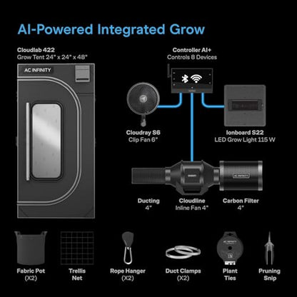AC Infinity AI Grow System Compact 2x2, 1-Plant Kit w/ AI Controller - size: 24” x 24” x 48”