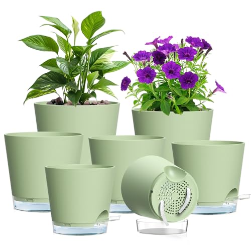 Meowell Self Watering Pots Set of 7 – Assorted Size 4" to 8" Indoor Plant Pots with Drainage Holes and Clear Reservoir for Visible Water Level, Plastic Wicking Planter for House Plants & Flower, Green - color: Green, size: 8+7+6.5+6+5.5+5+4 in 7pcs