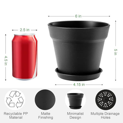 10 Pack 6 inch Plastic Plant Pots with Drainage Holes and Tray - color: Black, size: 10 Pack-6in