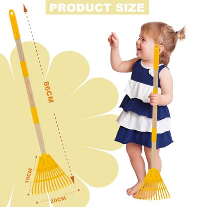 Kids Leaf Rake - 3-Section Adjustable Handle, Lightweight, Wood & Plastic, Small Garden Tool for Children (Yellow) - color: Yellow