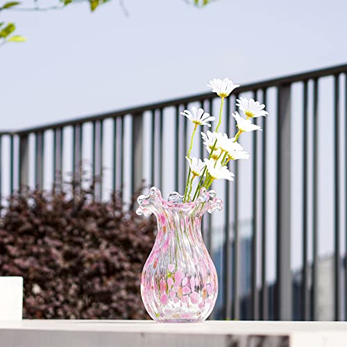 QFkris Hand Blown Glass Vase, Modern Art Flower Vase with Pink Petal Decor - color: Pink Bubble