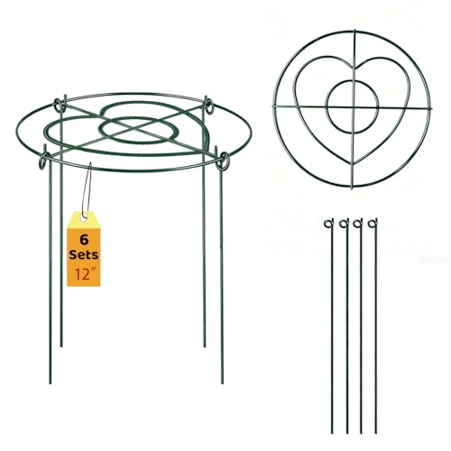(6 Sets) Peony Cages and Supports, 12" Diameter, 4 x 16 Inches Legs, Heavy Duty Rust-Proof Grow Through Plant Support for Outdoor Flower Plants, Metal Grid Ring Hoop for Peonies, Roses, Orchids - size: 12x16 Inch ( 6-Pack )