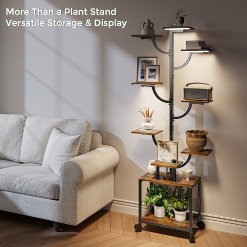 Plant Stand Indoor with Grow Lights - 9-Tier Plant Stand with Wheels, Tall Metal and Wood Indoor Plant Shelf with Tree Design, Rolling Flower Pot Holder Rack with Waterproof Finish, Adjustable Display Stand for Home Garden, Patio, 62" Tall - size: 62 in