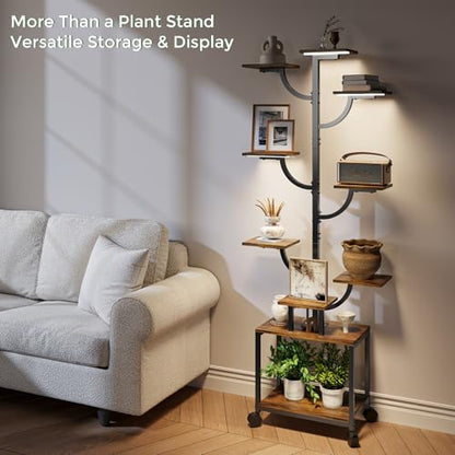 Plant Stand Indoor with Grow Lights - 9-Tier Plant Stand with Wheels, Tall Metal and Wood Indoor Plant Shelf with Tree Design, Rolling Flower Pot Holder Rack with Waterproof Finish, Adjustable Display Stand for Home Garden, Patio, 62" Tall - size: 62 in