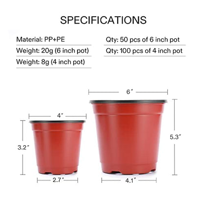 VIVOSUN 50 Pcs 6 in Plastic Plant Nursery Pots, Seed Starting Pots - size: 6 inch