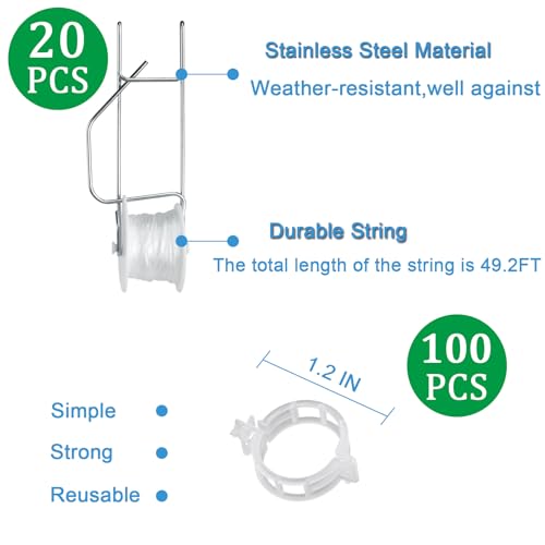 Tomato Support Hooks with String 20 Pcs,100 Pcs Plant Support Clips for Climbing Plants,Tomato Trellis Roller Hooks with 49.2FT String,Reusable Grape Vine Clips to Prevent Tomatoes - size: 20Pcs Tomato Rollerhook+100 Pcs Plastic Plant Clip