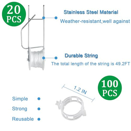 Tomato Support Hooks with String 20 Pcs,100 Pcs Plant Support Clips for Climbing Plants,Tomato Trellis Roller Hooks with 49.2FT String,Reusable Grape Vine Clips to Prevent Tomatoes - size: 20Pcs Tomato Rollerhook+100 Pcs Plastic Plant Clip