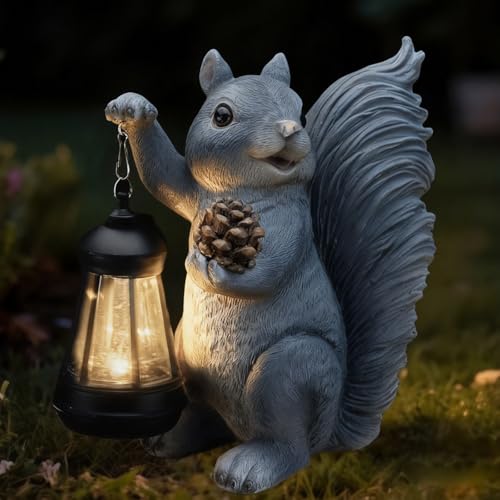 Solar Squirrel Garden Statue Outdoor Decor, Grey, Resin - color: Gray