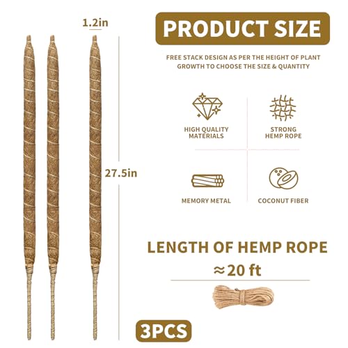28" Bendable Plant Support Moss Pole 3 Pack for Climbing