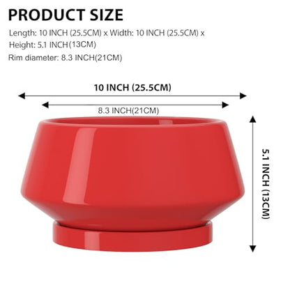 10 Inch Red Ceramic Planter with Drainage Hole and Saucer - color: Red, size: Large