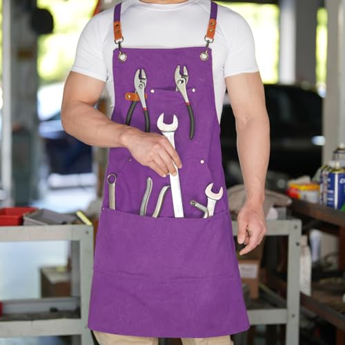 Aoomzoon Canvas Aprons for Men Women, Heavy Duty BBQ Apron with Pockets - color: Purple