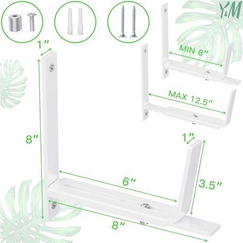 Y&M 4 Pack Adjustable Planter Box Brackets (6 to 12.5 in), Universal Window Box Brackets, Heavy Duty Iron Flower Box Wall Mounting Hooks for Balcony, Fences, Patio, and Garden - White - size: 4pcs White