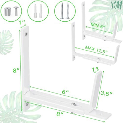 Y&M 4 Pack Adjustable Planter Box Brackets (6 to 12.5 in), Universal Window Box Brackets, Heavy Duty Iron Flower Box Wall Mounting Hooks for Balcony, Fences, Patio, and Garden - White - size: 4pcs White