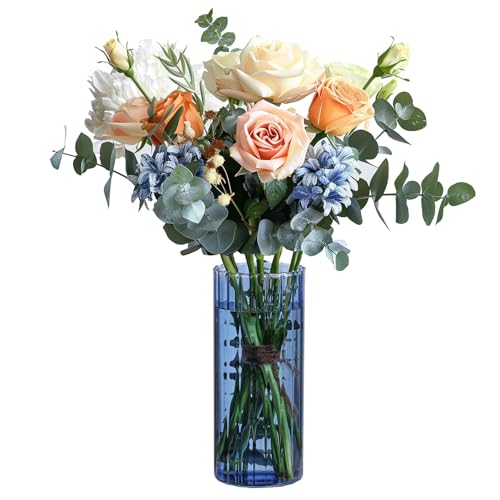 ComSaf Glass Cylinder Vase 8 Inch Tall, Blue Ribbed Decor for Centerpieces - color: Blue