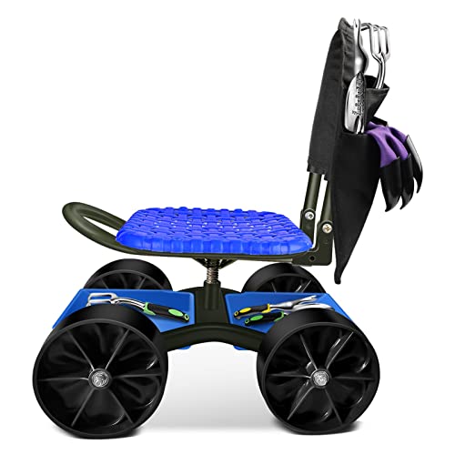 i Cover Garden Cart Rolling Stool with Four Wheels and Tool Bag, Stable Workseat Sturdy Carts Adjustable Seat Height and Direction, Gardening Helper, Blue - size: 4 Wheels