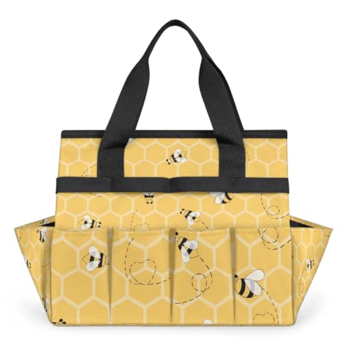 Honeycomb Bee Garden Tool Bag for Women Waterproof & Reusable Heavy Duty Gardening Tote Storage Organizer Toiletry Bag with 10 Pockets for Garden Lawn Yard Casual Camp - color: Bee