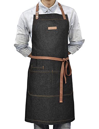 Black Denim Cooking Apron with Pockets for Men Women - color: Black Denim 7#